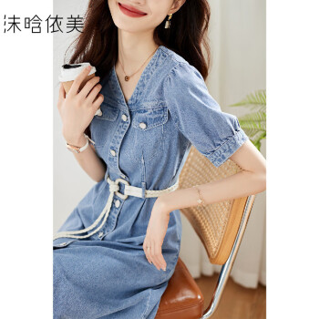 【气质收腰短袖牛仔连衣裙】夏季百搭薄款牛仔连衣裙牛仔蓝色L	